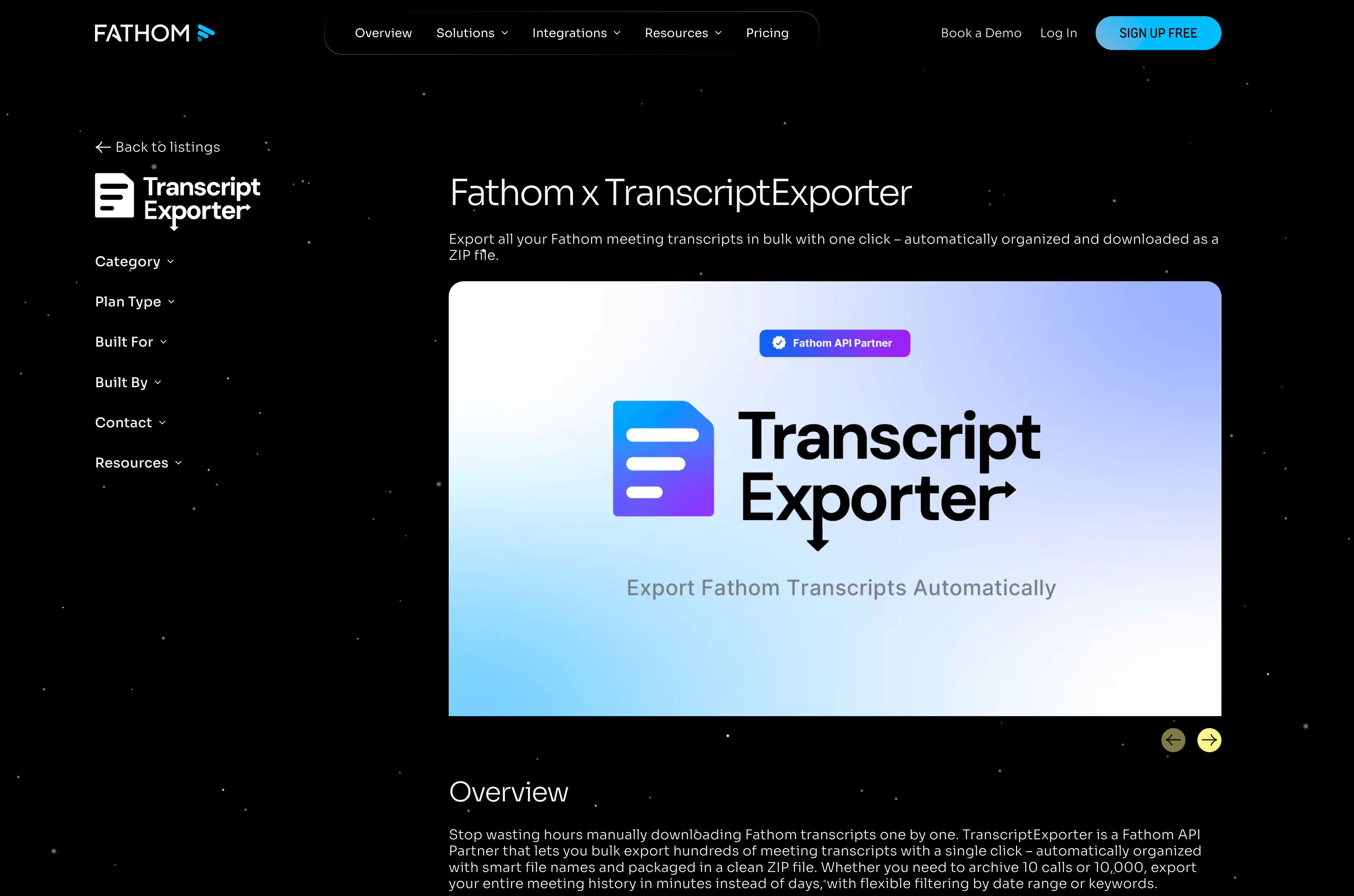 Screenshot of Fathom's integrations page featuring TranscriptExporter as an API Partner